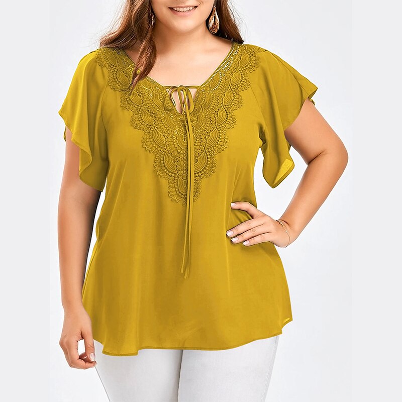 Plegie Plus Size Lace Patchwork Shirt Womens Tops And Blouses Short Sleeve Big Size Blusas Femininas Blusas Mujer De Moda 2021