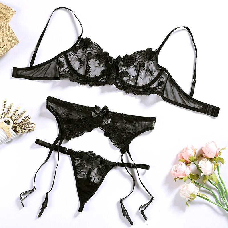 Floral Embroidery Sexy Lingerie Set Women Thin Transparent Bralette Lace Push Up Bra Garters 3 Piece Sensual Lingerie Woman Set