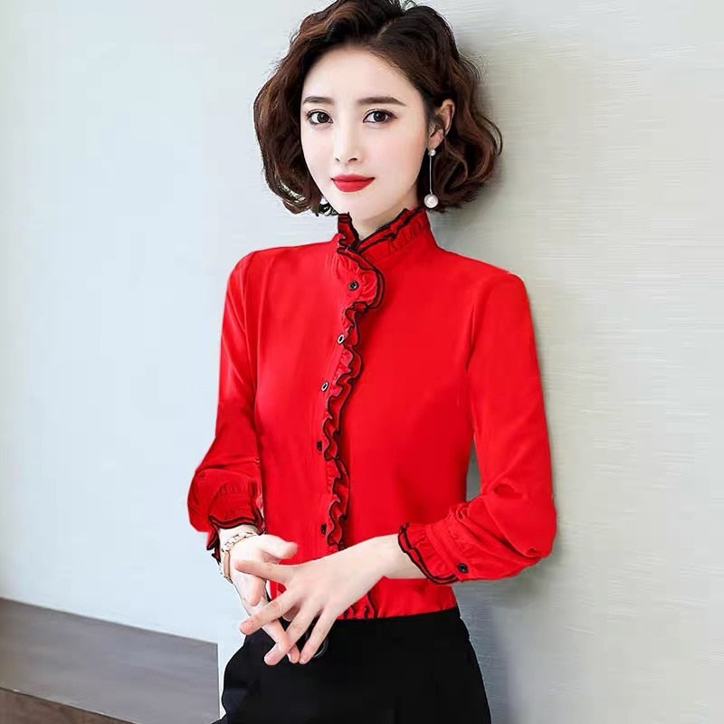 Spring Autumn 2020 Women Fungus Chiffon Long Sleeved Shirt Female Pleated Bottoming Tops &amp; Blouses Plus Size 4XL