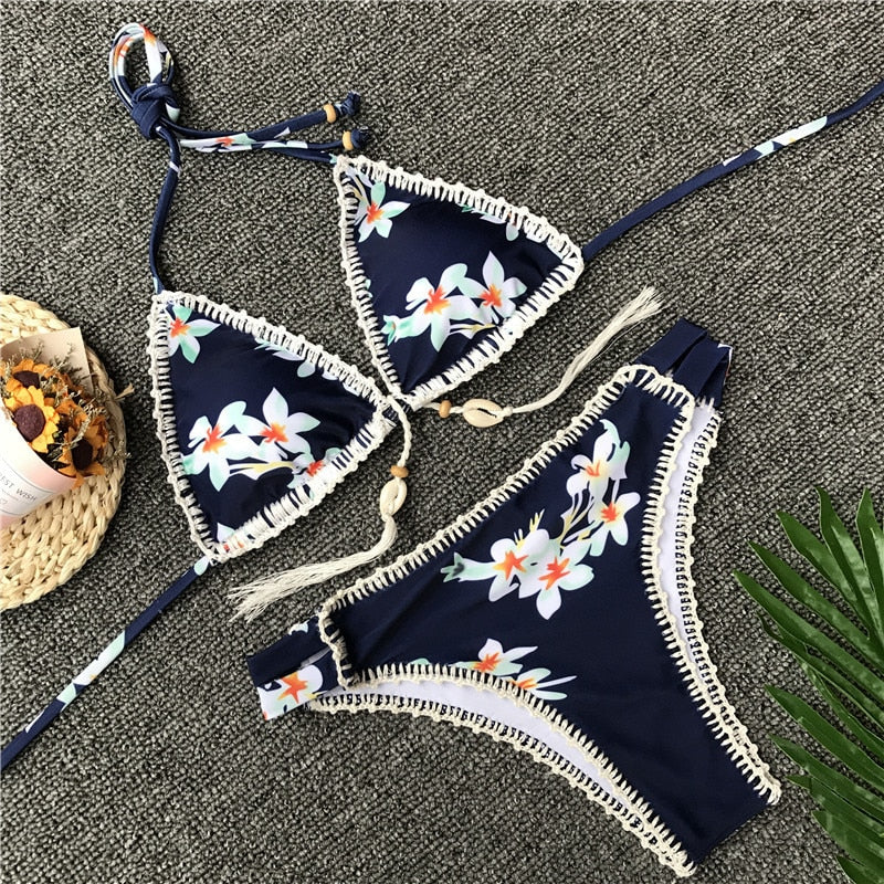 High Waist Thong Bikini for Women Hand Crochet Print Bikini Women Knitted Shell Swimsuit