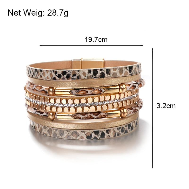 Amorcome Snakeskin Pattern Leather Bracelets for Women 2020 Trendy Metal Pipe Wide Multilayer Wrap Bracelet Female Jewelry