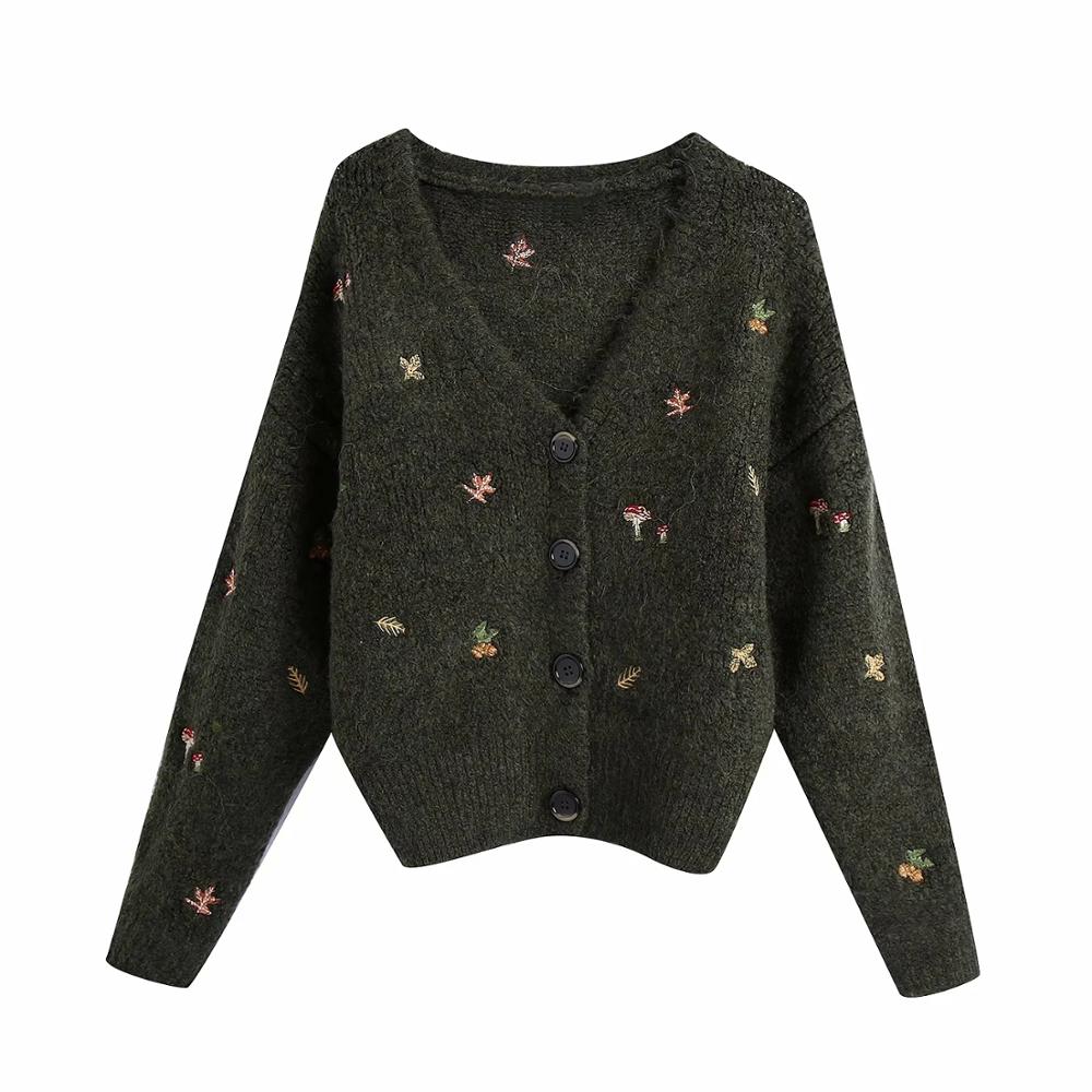 XNWMNZ women Vintage knit cardigan with embroidery Long sleeves V-neck Cardigan Female Elegant sweater autumn coat women 2022
