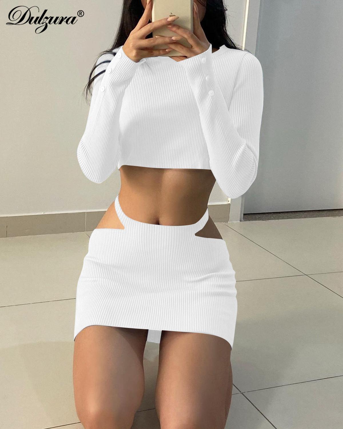 Dulzura ribbed hollow out women 2 piece set crop top long sleeve button mini skirt bodycon sexy streetwear autumn winter co ords