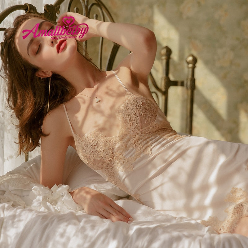 Women Silk Sleepwear Sexy Lingerie Backless Bandage Split Nightgowns Temptation Viscose Fiber Hot Strap Nightdress Female Summer