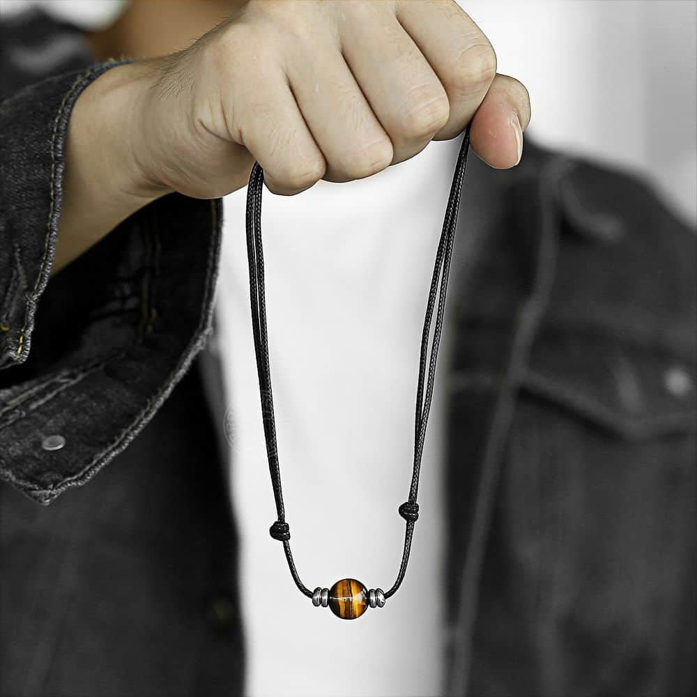 Natural Stone Leather Necklace Choker for Men Boys Single Bead Lava Tiger Eye Lapis Lazuli Adjustable Jewelry Dropshipping DNM25