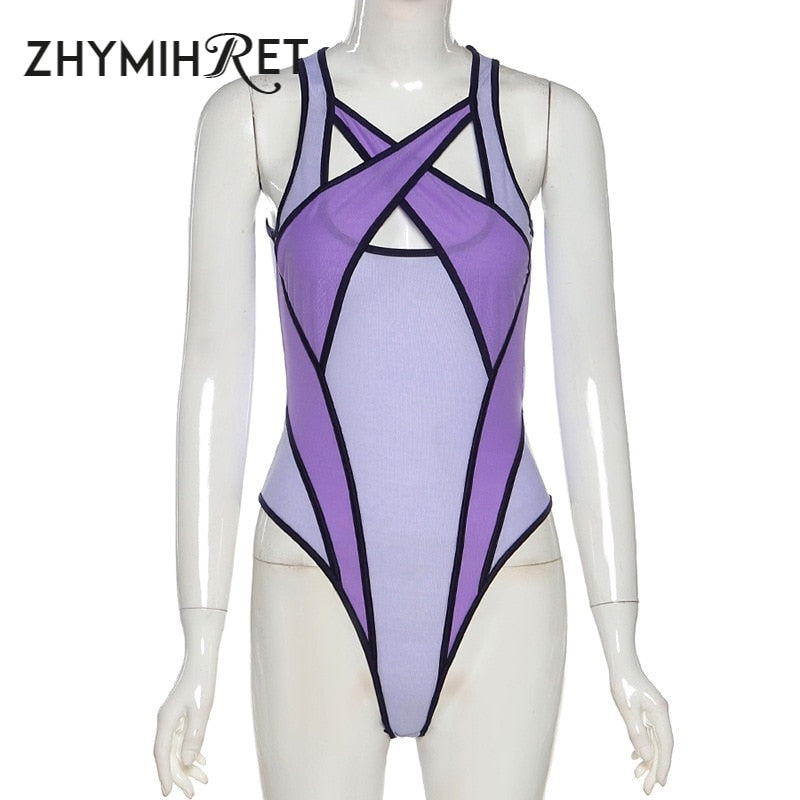 ZHYMIHRE See Through Mesh Hollow Out Bodysuit Women 2021 Summer Purple Patchwork Bodys Sexy Swimwear Female Festival Outfit