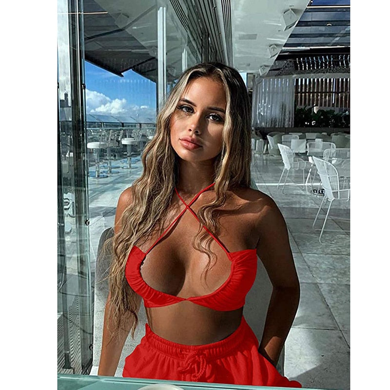 Women&#39;s Sexy Criss Cross Lace Up Sling Basic Bow Tie Crop Top