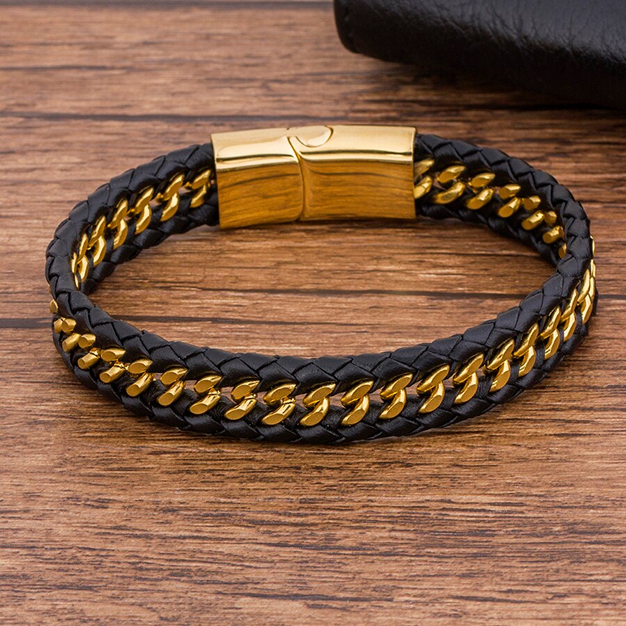 Gold Bracelet Men Genuine Leather Braided Rope Woven Fashion Trendy Charm  Stainless Steel Magnet  Bangles Jewelry Accessories