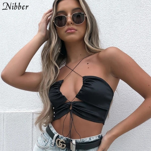 Nibber Chic Sexy Bandage Club Tube Top Female Halter Chest Hollow Pure Tank Ves Camisole Women&#39;s Spaghetti Strap Basic Crop Tops
