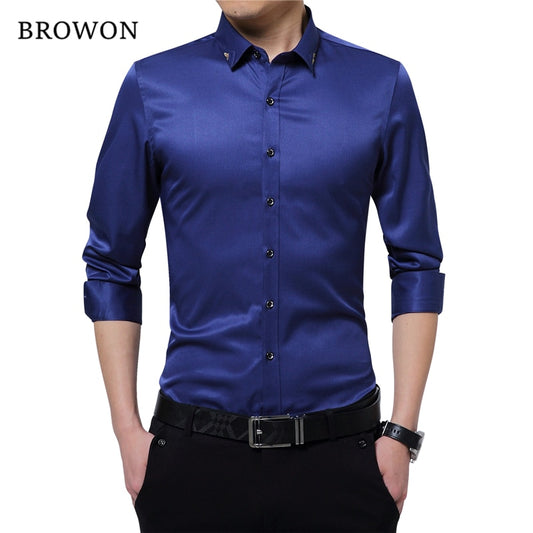 BROWON Brand Silky Formal Shirt Men Classic Business Long Sleeve Solid Color Embroidery Collar Slim Fit Shirt Brand-clothing