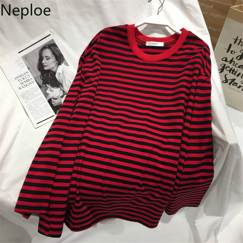 Neploe 2022 Autumn Striped Sweaters Medium-long Causal Pullovers Thin O-neck Top Korean Streetwear Plus Size Women Clothes