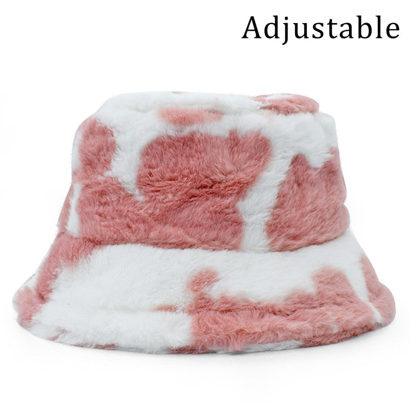 Winter Cow Leopard Faux Fur Fluffy Bucket Hats Women Outdoor Warm Sun Hat Soft Velvet Furry Fisherman Cap Girl Fashion Panama