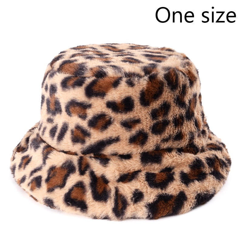 Winter Cow Leopard Faux Fur Fluffy Bucket Hats Women Outdoor Warm Sun Hat Soft Velvet Furry Fisherman Cap Girl Fashion Panama