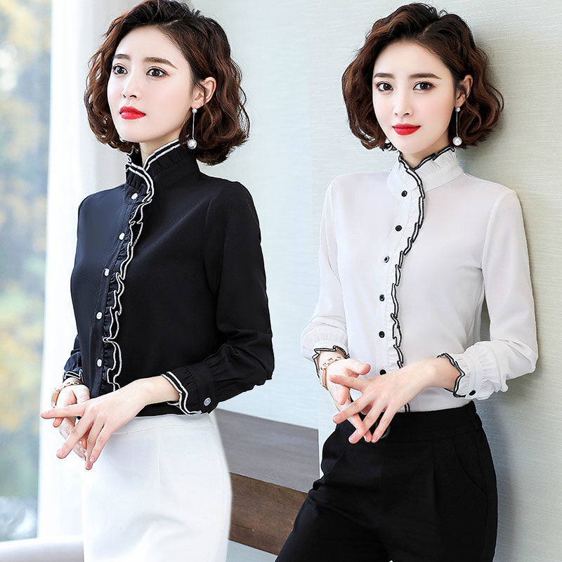 Spring Autumn 2020 Women Fungus Chiffon Long Sleeved Shirt Female Pleated Bottoming Tops &amp; Blouses Plus Size 4XL