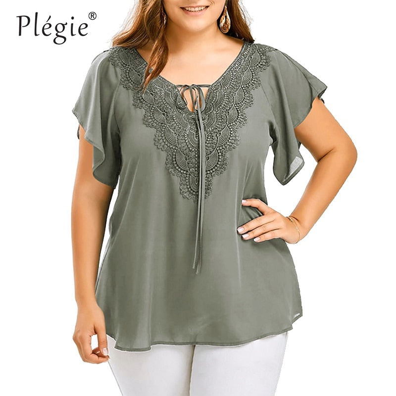 Plegie Plus Size Lace Patchwork Shirt Womens Tops And Blouses Short Sleeve Big Size Blusas Femininas Blusas Mujer De Moda 2021