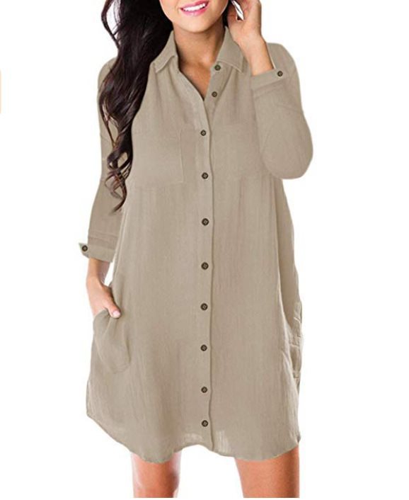 Solid color pocket loose casual long sleeve shirt dress Women Loose Solid Dresses Turn Down Casual Ladies Office Shirt Dresses