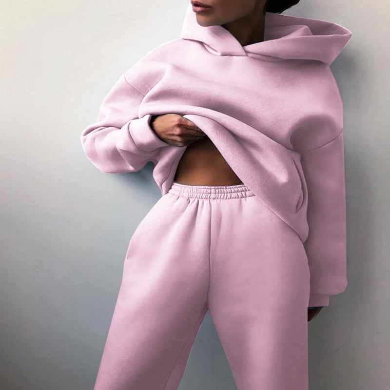 Women&#39;s Tracksuit Suit Autumn Fashion Warm Hoodie Sweatshirts Two Pieces Oversized Solid Casual Hoody Pullovers Long Pant Sets