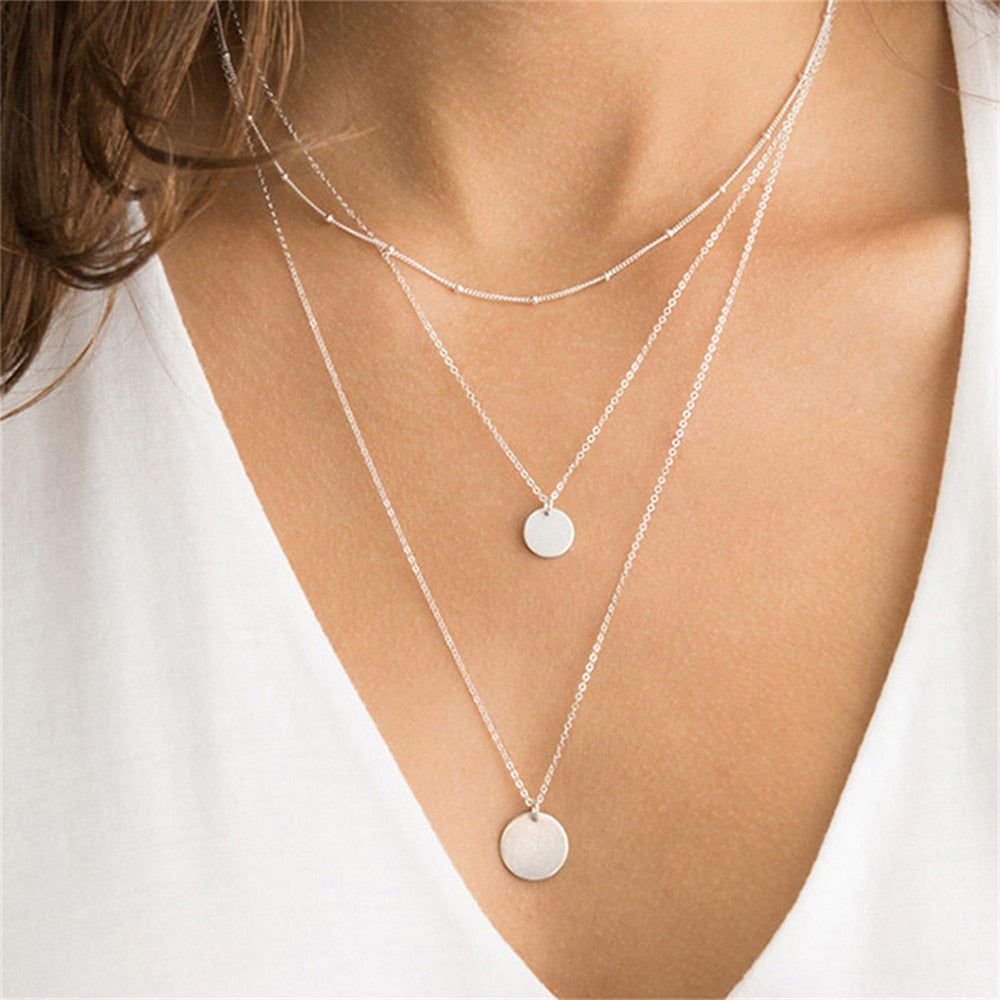 Fashion Multilevel Gold Simple Geometric Rectangle Round Sequin Pendant Necklace For Women Female Chain Collar Jewely Gift