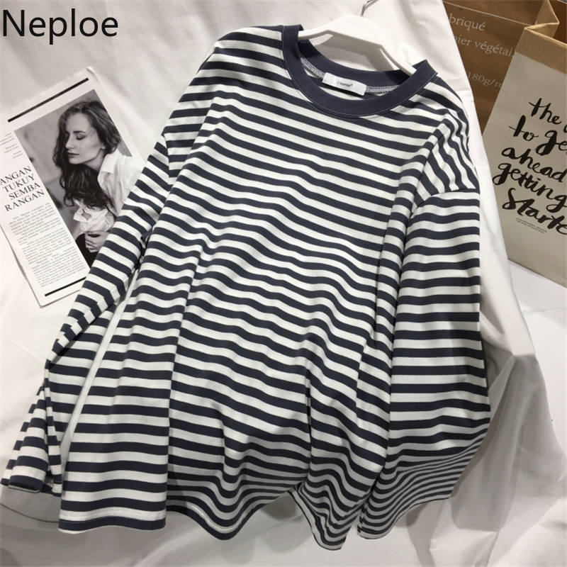 Neploe 2022 Autumn Striped Sweaters Medium-long Causal Pullovers Thin O-neck Top Korean Streetwear Plus Size Women Clothes