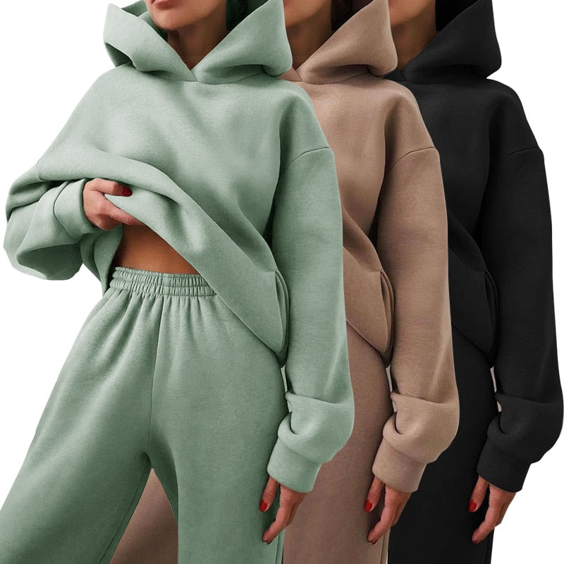 Women&#39;s Tracksuit Suit Autumn Fashion Warm Hoodie Sweatshirts Two Pieces Oversized Solid Casual Hoody Pullovers Long Pant Sets