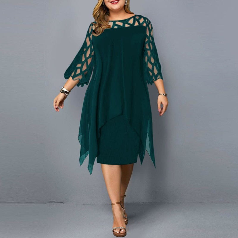 Plus Size Dresses 4XL 5XL 6XL Lace Mesh Sexy Elegant Midi Party Dress Red Black Green Purple Loose Hellow Women&#39;s Clothing 2021