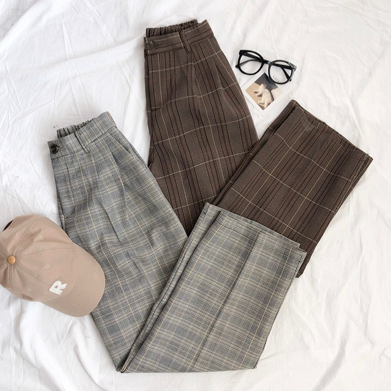 Mooirue Spring Women Pants Plaid High Waist Dropping Feeling High Waist Wide Leg Long Suit  Pants