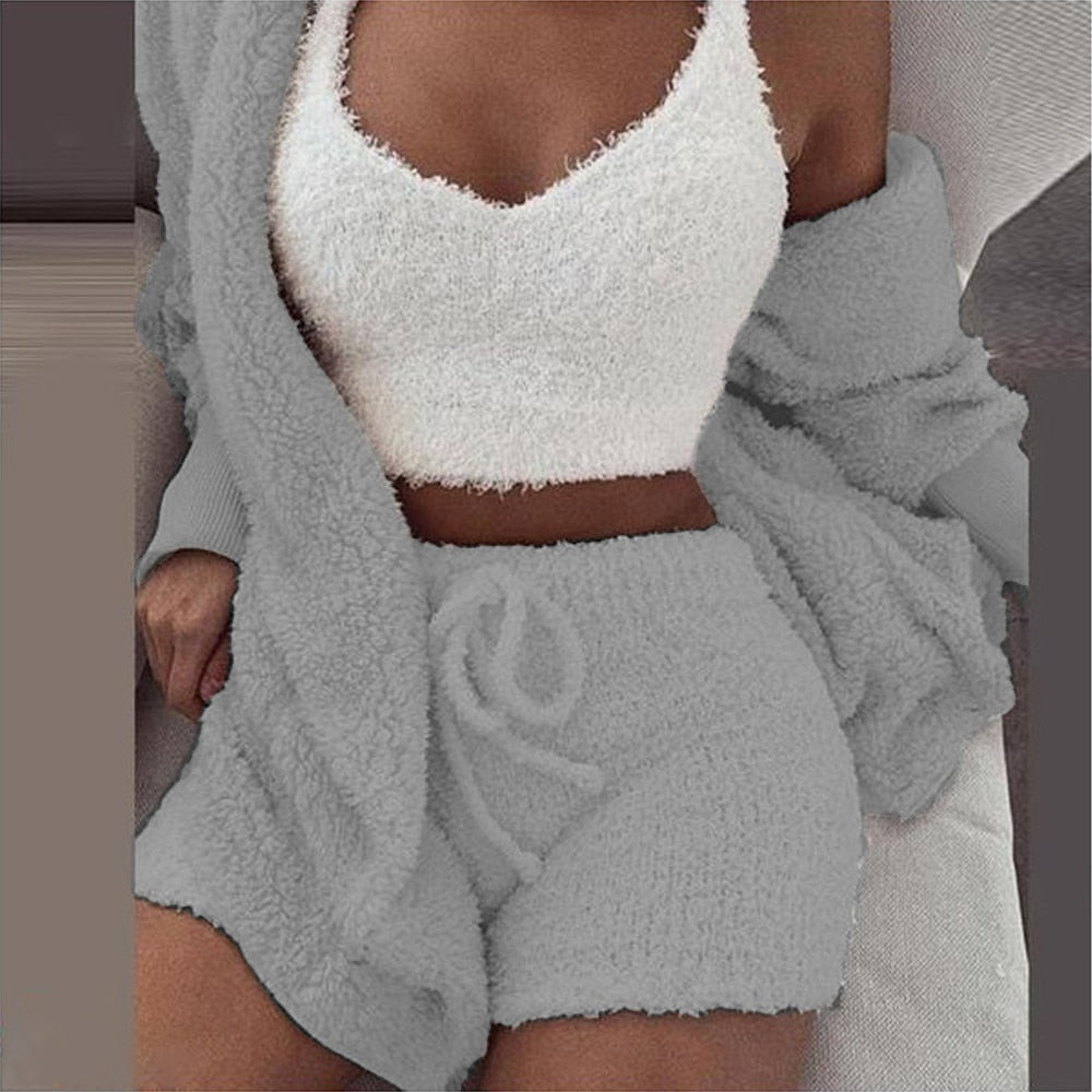 2PC/3PCS Pajama Set Women Sexy Fluffy Suit Velvet Plush Robe Set Soft Warm Sleeveless Sweater Loungewear Pijamas Mujer Sleepwear