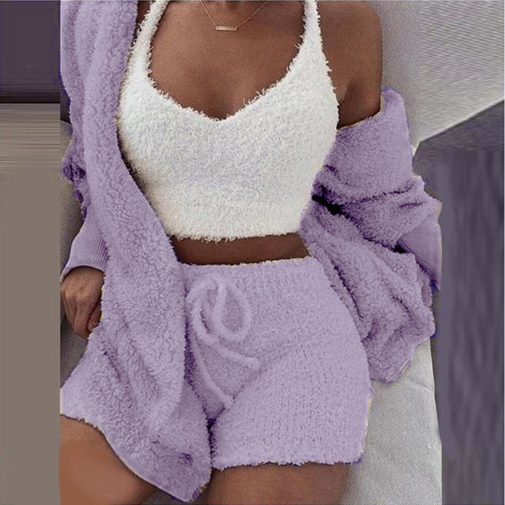 2PC/3PCS Pajama Set Women Sexy Fluffy Suit Velvet Plush Robe Set Soft Warm Sleeveless Sweater Loungewear Pijamas Mujer Sleepwear