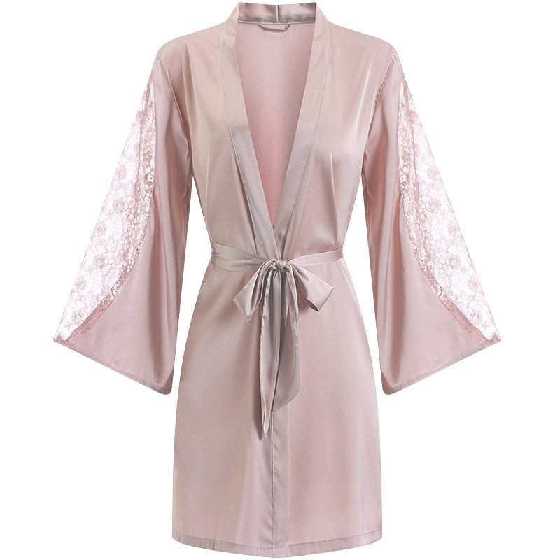 Women Sexy Robe Set Sleepwear Faux Silk Kimono Gown Lacee Lingerie Nightdress Soft Perspective Bridal Wedding Gift