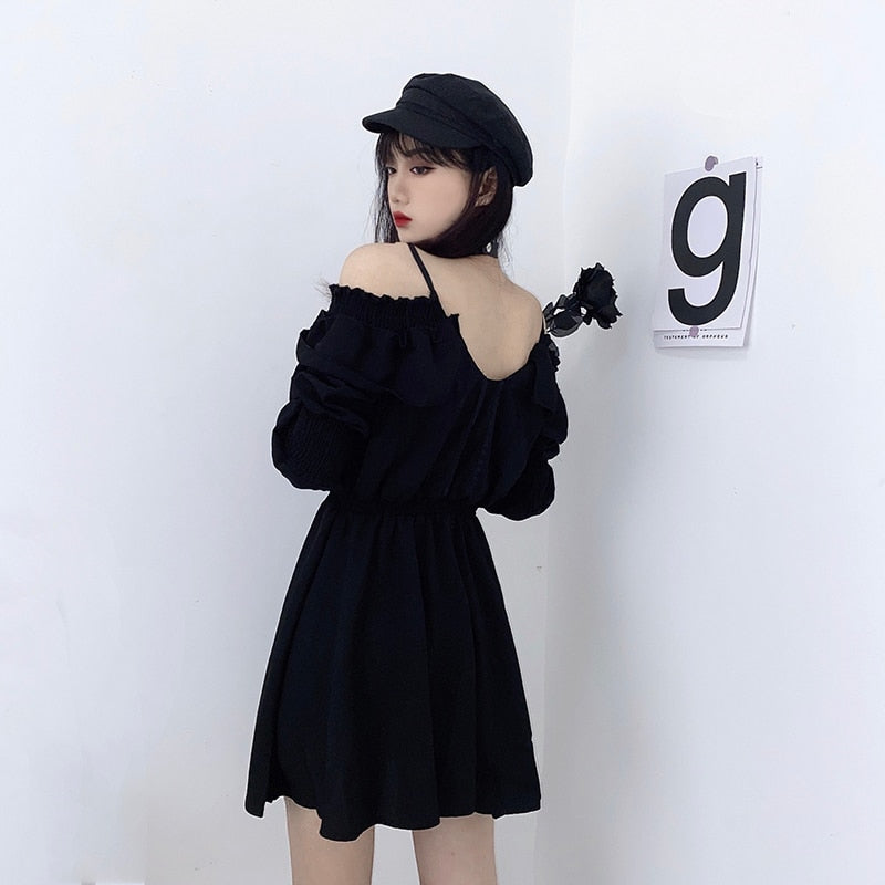 Women Dress Plus Size 4XL Lace Up Black Autumn 2020 Sexy High Waist Femme Dresses Off Shoulder Long Sleeve Gothic Clothes