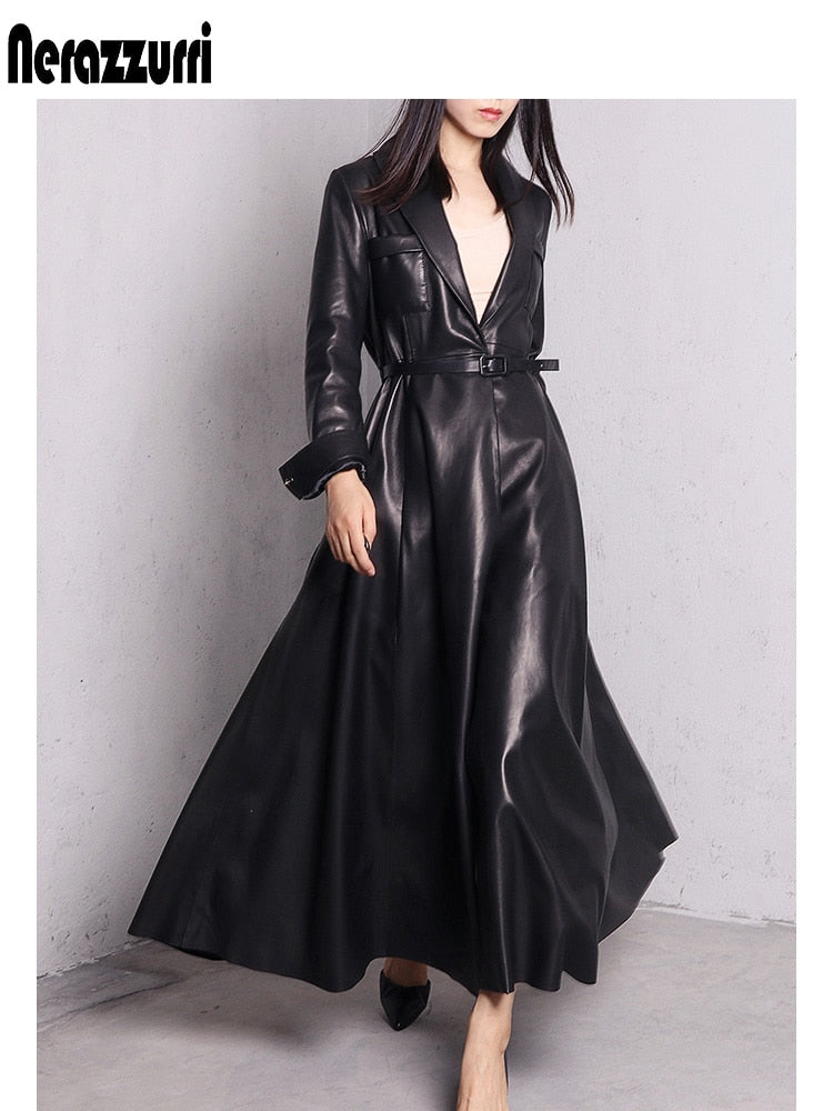 Nerazzurri High Quality Red Black Maxi Leather Trench Coat for Women Extra Long Skirted Elegant Overcoat Plus Size Fashion 7xl