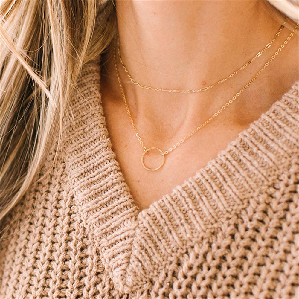 Fashion Multilevel Gold Simple Geometric Rectangle Round Sequin Pendant Necklace For Women Female Chain Collar Jewely Gift