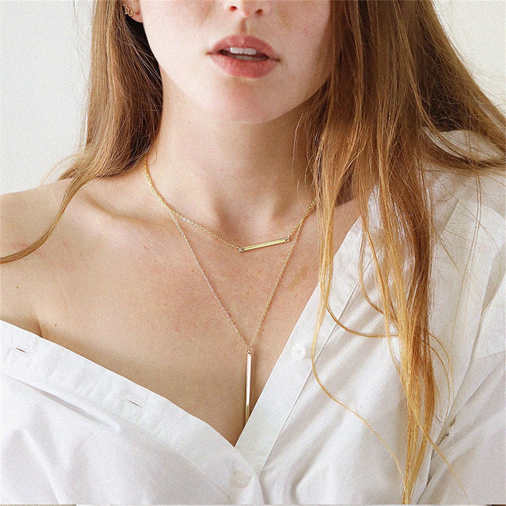 Fashion Multilevel Gold Simple Geometric Rectangle Round Sequin Pendant Necklace For Women Female Chain Collar Jewely Gift