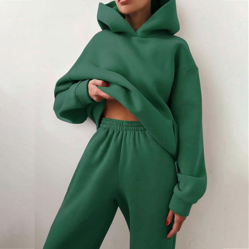 Women&#39;s Tracksuit Suit Autumn Fashion Warm Hoodie Sweatshirts Two Pieces Oversized Solid Casual Hoody Pullovers Long Pant Sets