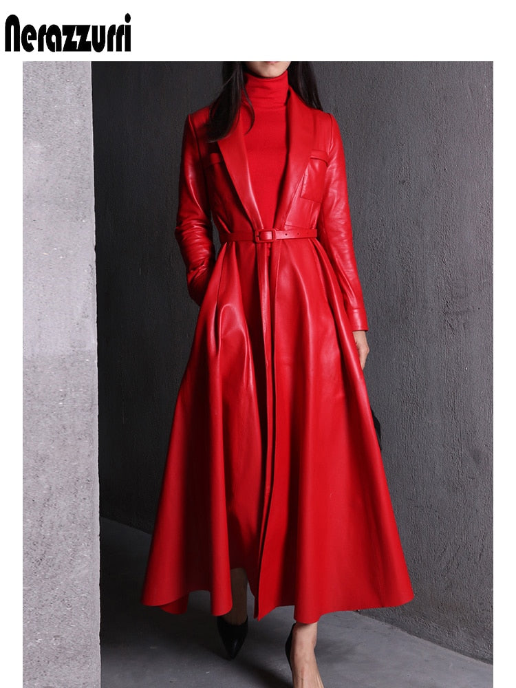 Nerazzurri High Quality Red Black Maxi Leather Trench Coat for Women Extra Long Skirted Elegant Overcoat Plus Size Fashion 7xl