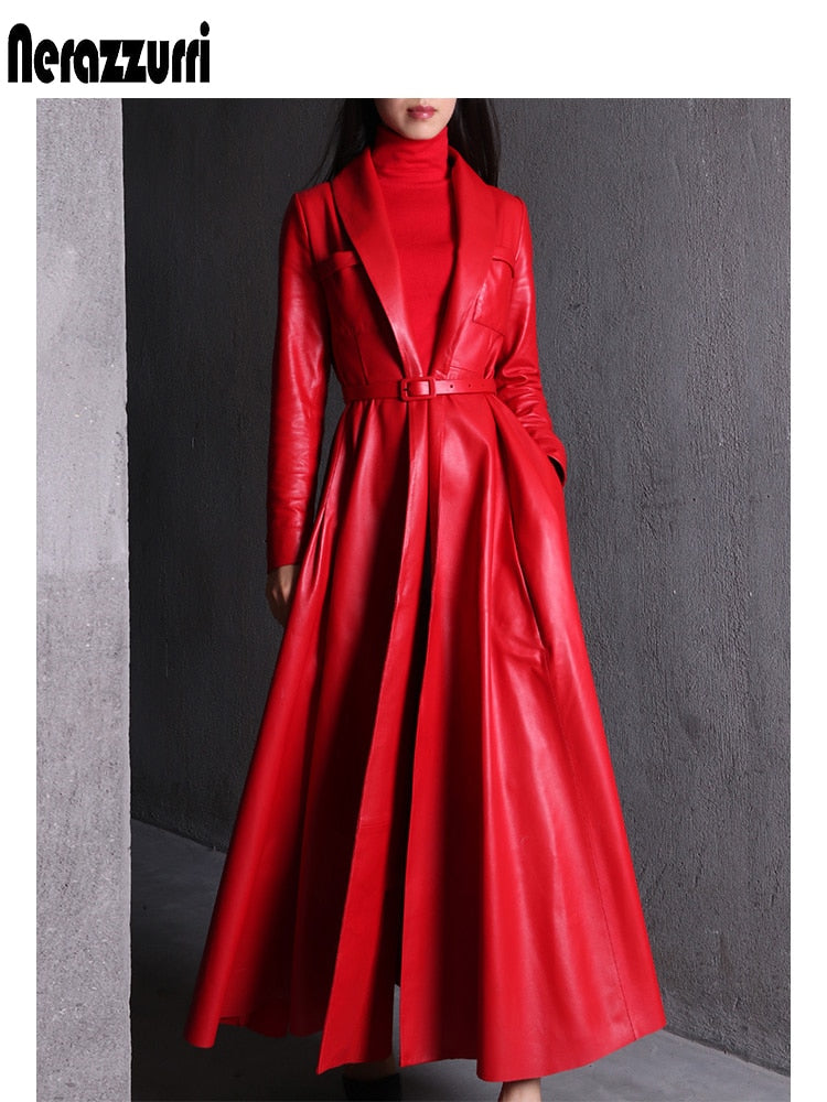 Nerazzurri High Quality Red Black Maxi Leather Trench Coat for Women Extra Long Skirted Elegant Overcoat Plus Size Fashion 7xl