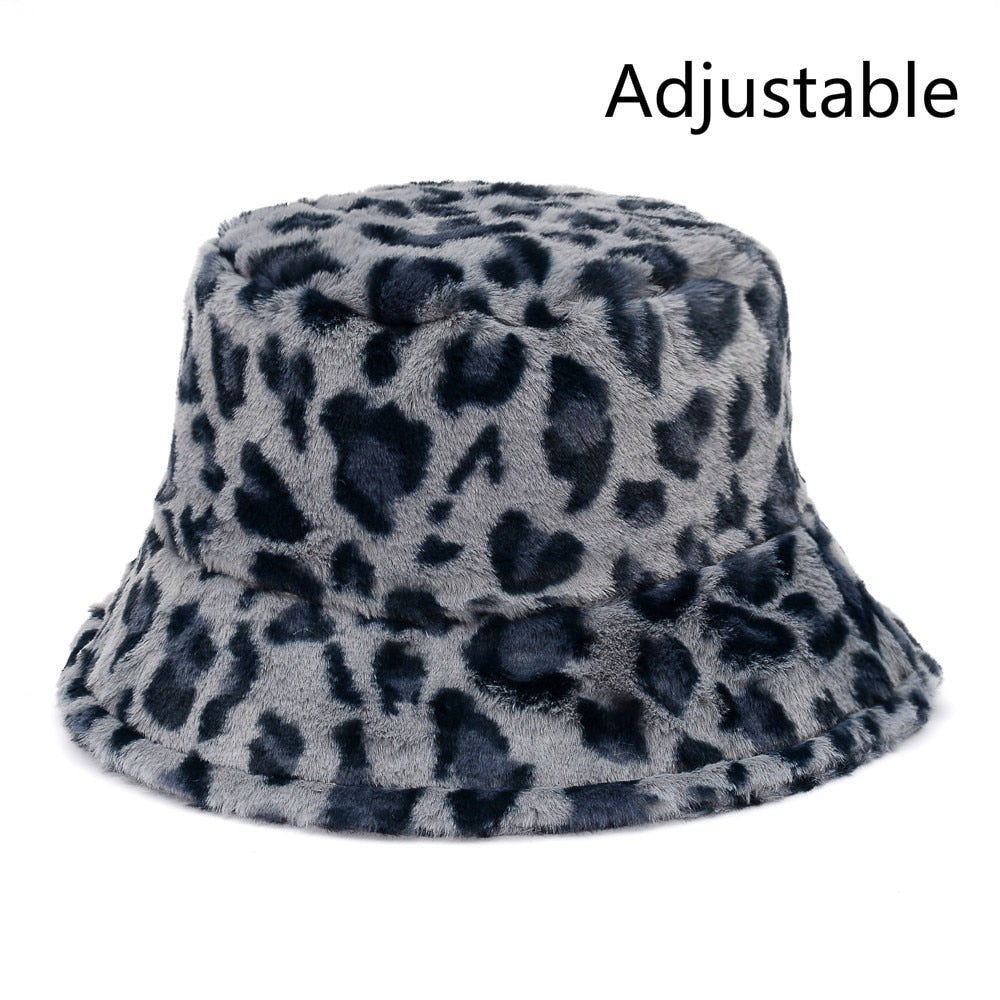 Winter Cow Leopard Faux Fur Fluffy Bucket Hats Women Outdoor Warm Sun Hat Soft Velvet Furry Fisherman Cap Girl Fashion Panama