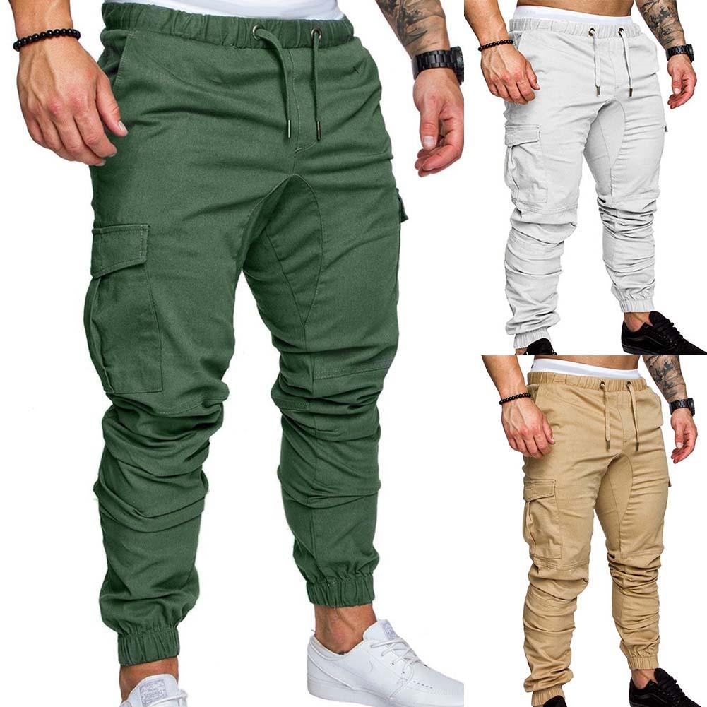 Men Casual Pants Plus Size Men Solid Color Multi Pocket Drawstring Ankle Tie Cargo Pants Trousers Summer Hottest Weight Pants