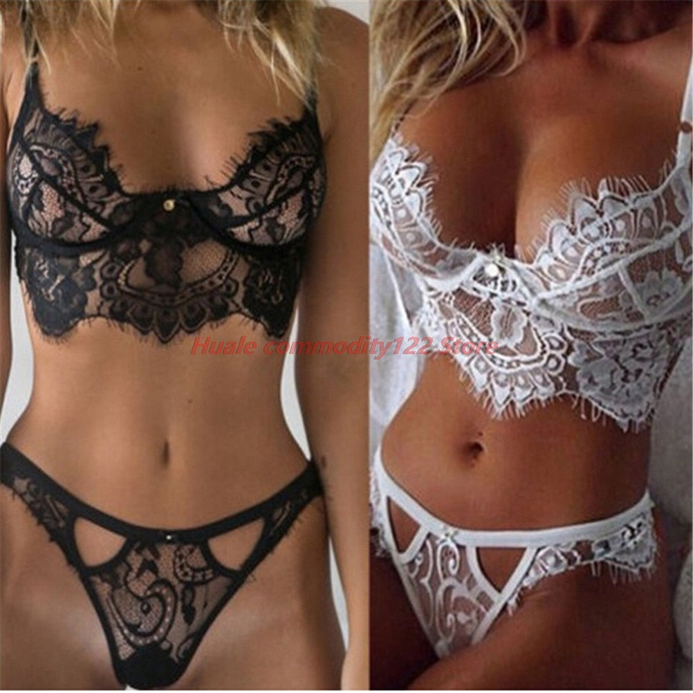 New Sexy Black White Trim Lace Unlined lingerie Set Hot Women V Neck Sleeveless Wireless Bralettes and Briefs Intimate Lingerie