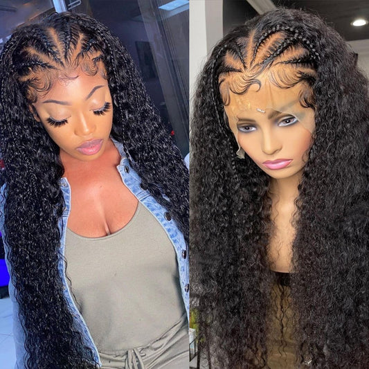 Goddess Braids 13x4 Deep Wave Lace Frontal Wig Braided Half Up Half Down Human Hair Lace Front Wig for Black Women 180 Density