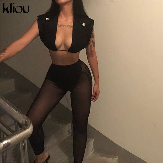 Kliou Sexy Mesh Two Piece Set Women Unique Design Oversize Sheath Cleavage Sleeveless Top+SeeThrough Stretchy Hot Female Pants