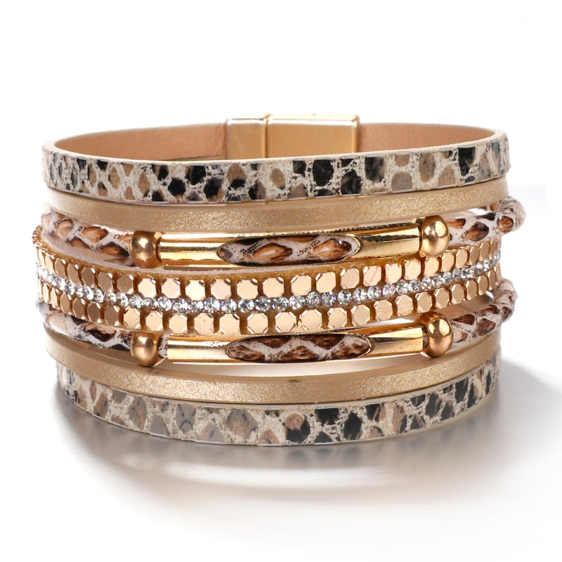 Amorcome Snakeskin Pattern Leather Bracelets for Women 2020 Trendy Metal Pipe Wide Multilayer Wrap Bracelet Female Jewelry