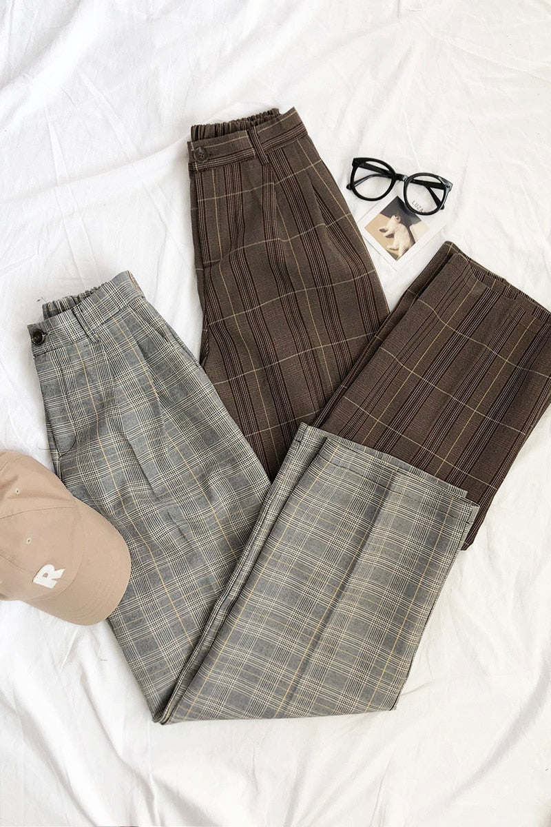 Mooirue Spring Women Pants Plaid High Waist Dropping Feeling High Waist Wide Leg Long Suit  Pants