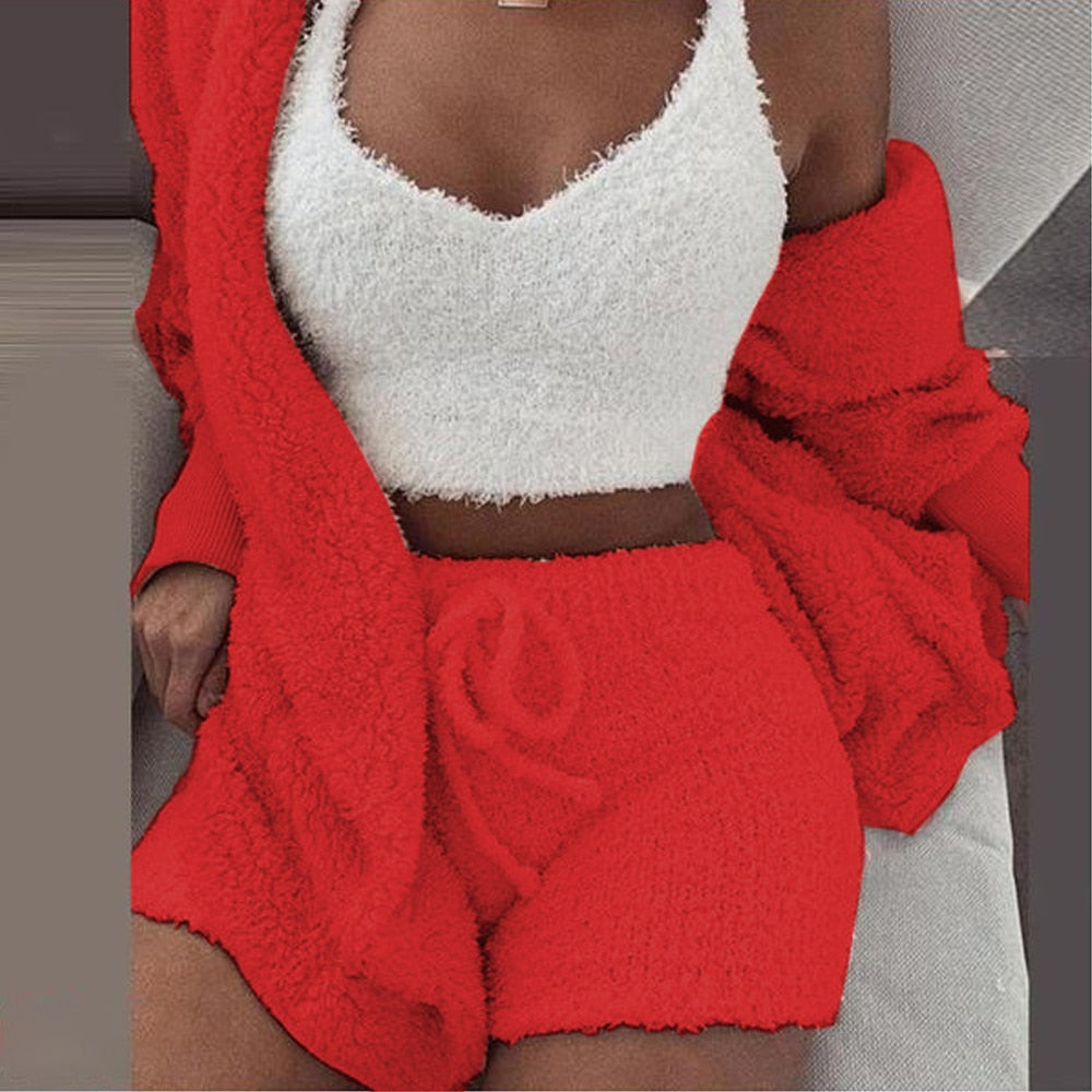 2PC/3PCS Pajama Set Women Sexy Fluffy Suit Velvet Plush Robe Set Soft Warm Sleeveless Sweater Loungewear Pijamas Mujer Sleepwear