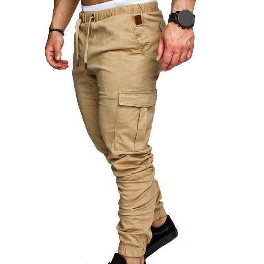Men Casual Pants Plus Size Men Solid Color Multi Pocket Drawstring Ankle Tie Cargo Pants Trousers Summer Hottest Weight Pants
