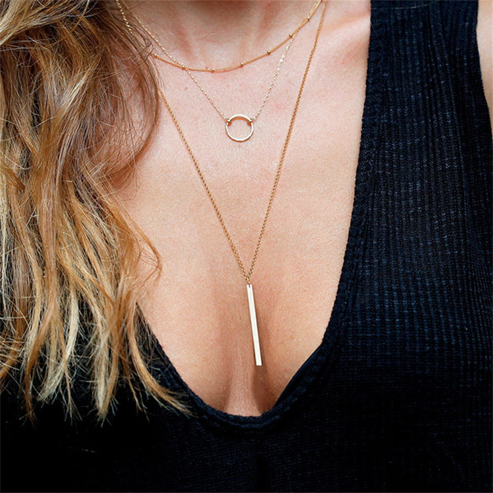 Fashion Multilevel Gold Simple Geometric Rectangle Round Sequin Pendant Necklace For Women Female Chain Collar Jewely Gift