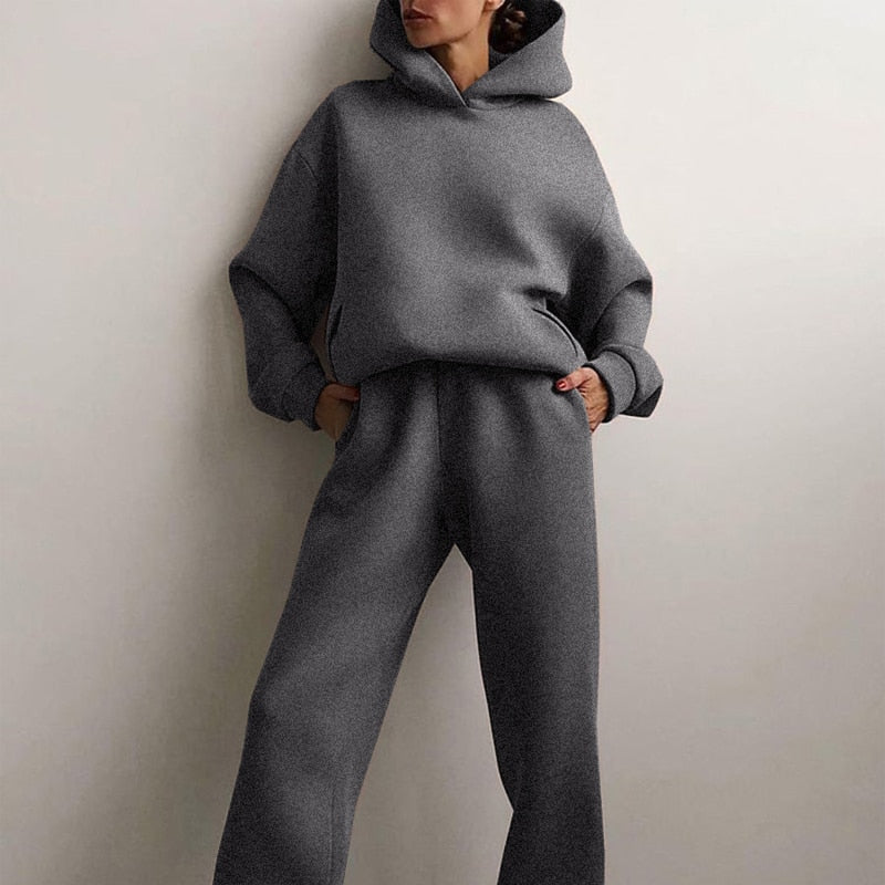 Women&#39;s Tracksuit Suit Autumn Fashion Warm Hoodie Sweatshirts Two Pieces Oversized Solid Casual Hoody Pullovers Long Pant Sets