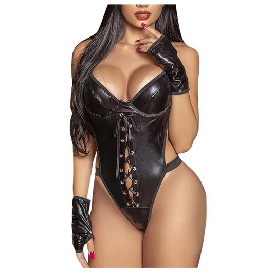 Sexy Leather Lingerie Erotic V-neck Strap Teddies Plus Size Women's Underwear Cross Bandage Sex Corsets Backless Exotic Costumes