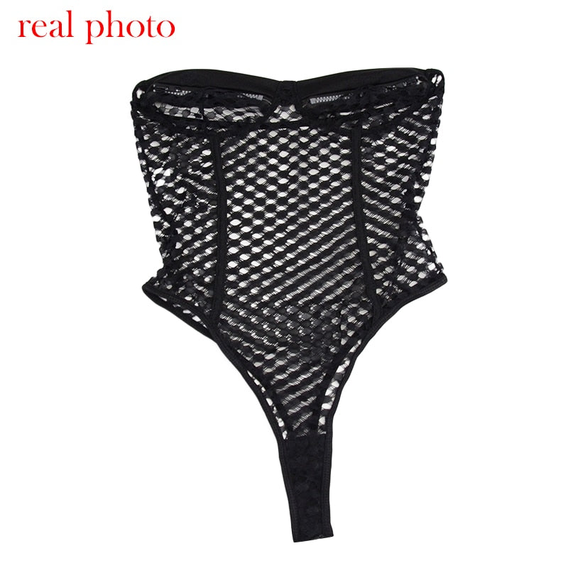 Ellolace Sensual Fishnet Bodysuit Women Latex Exotic Costumes Sexy Hollow Out Halter Bodycon Hot Lingerie Sissy Zipper Body