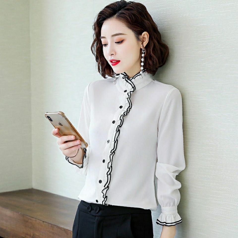 Spring Autumn 2020 Women Fungus Chiffon Long Sleeved Shirt Female Pleated Bottoming Tops &amp; Blouses Plus Size 4XL